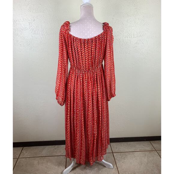 Tanya Taylor Daria Silk Midi Dress Size 8 Red Geo Print Chiffon Ruffles - Picture 6 of 12